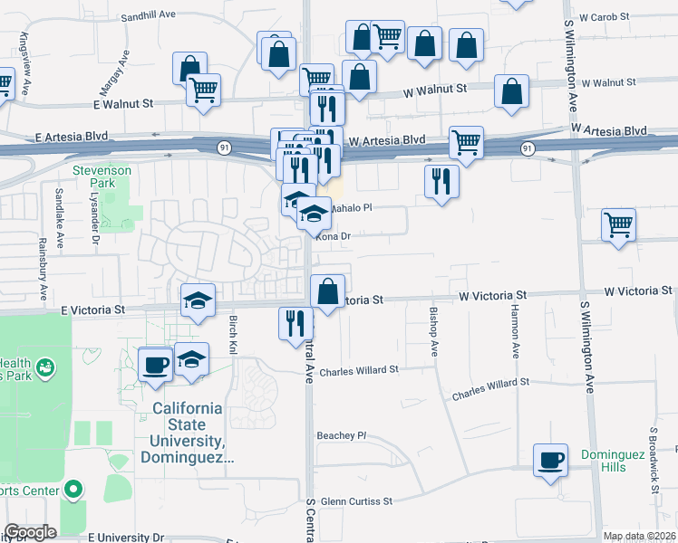 map of restaurants, bars, coffee shops, grocery stores, and more near 1408 Wingfoot in Carson