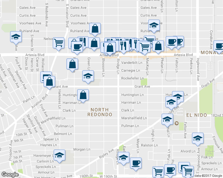 map of restaurants, bars, coffee shops, grocery stores, and more near 2112 Grant Avenue in Redondo Beach