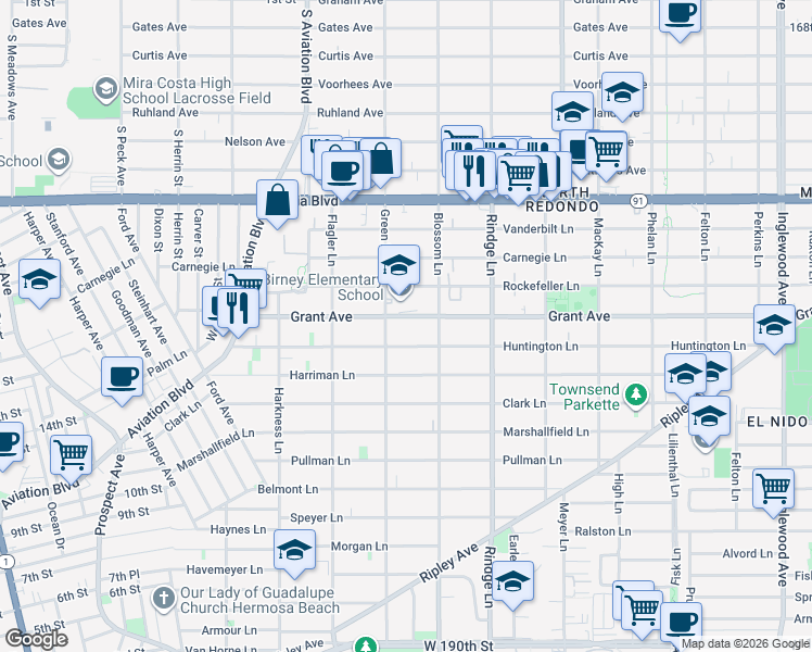map of restaurants, bars, coffee shops, grocery stores, and more near 2014 Grant Avenue in Redondo Beach