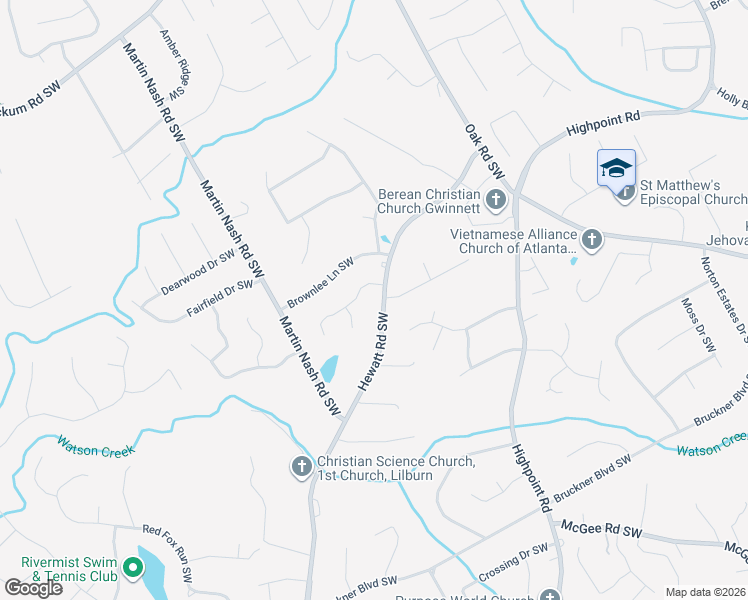 map of restaurants, bars, coffee shops, grocery stores, and more near 1467 Hewatt Road Southwest in Lilburn