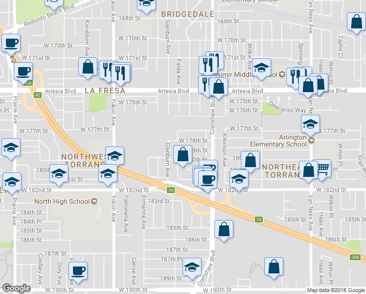map of restaurants, bars, coffee shops, grocery stores, and more near 3209 West 179th Street in Torrance