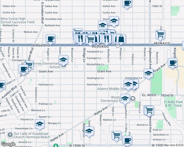 map of restaurants, bars, coffee shops, grocery stores, and more near 2214 Grant Avenue in Redondo Beach
