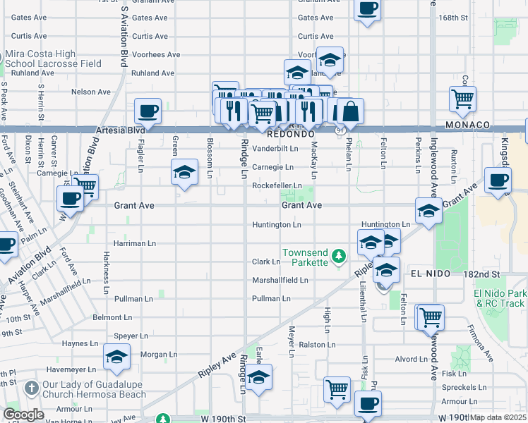 map of restaurants, bars, coffee shops, grocery stores, and more near 2212 Grant Avenue in Redondo Beach