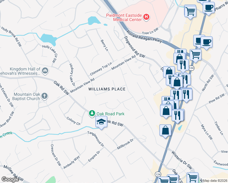 map of restaurants, bars, coffee shops, grocery stores, and more near 2450 Williams Downs Circle Southwest in Snellville