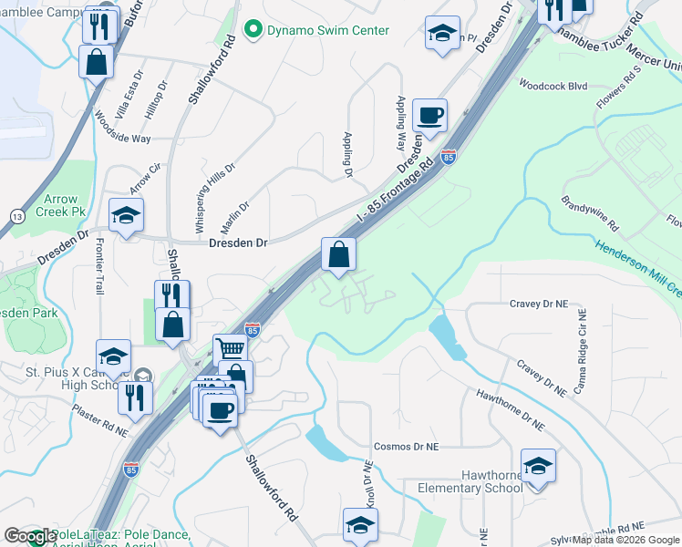 map of restaurants, bars, coffee shops, grocery stores, and more near 3113 Colonial Way in Atlanta