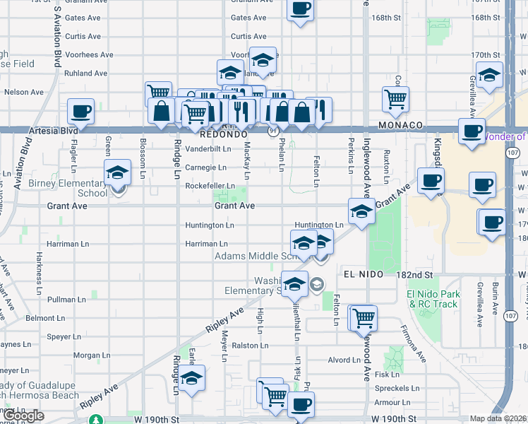 map of restaurants, bars, coffee shops, grocery stores, and more near 2410 Grant Avenue in Redondo Beach