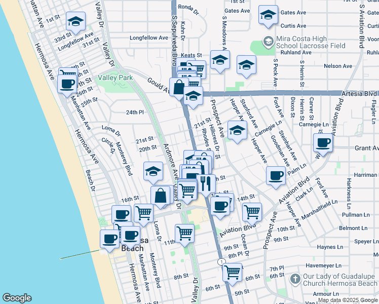 map of restaurants, bars, coffee shops, grocery stores, and more near 1837 East Pacific Coast Highway in Hermosa Beach