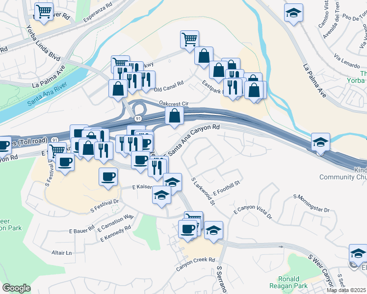 map of restaurants, bars, coffee shops, grocery stores, and more near 8437 East Amberwood Street in Anaheim