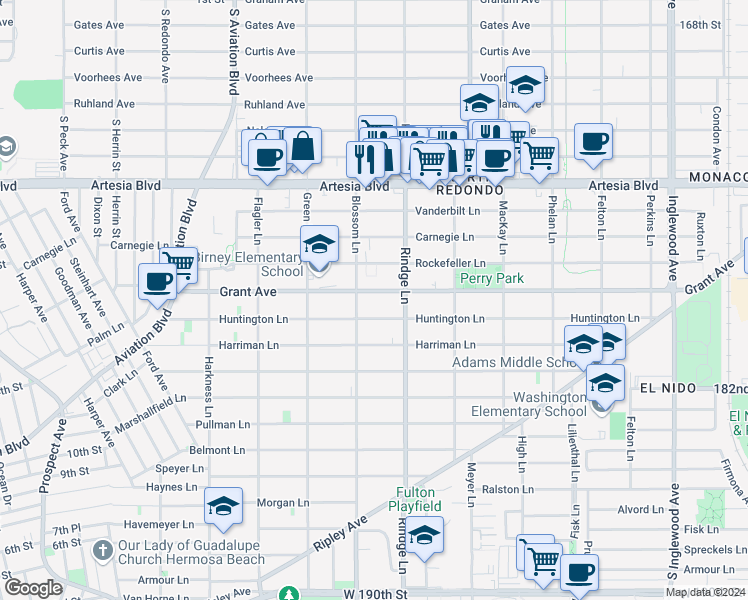 map of restaurants, bars, coffee shops, grocery stores, and more near 2108 Grant Avenue in Redondo Beach