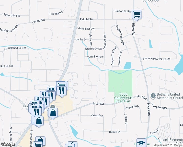 map of restaurants, bars, coffee shops, grocery stores, and more near 417 Cindy Drive Southwest in Marietta