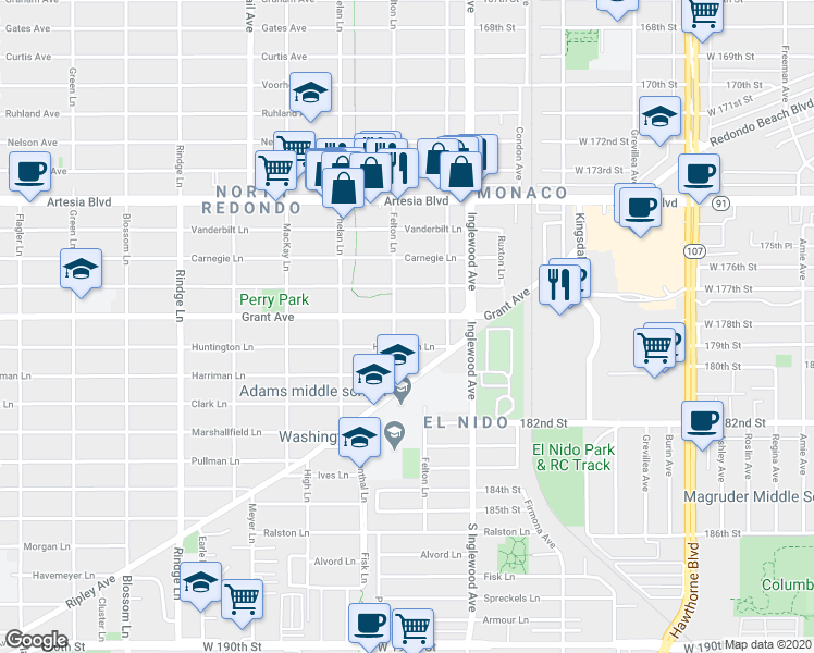map of restaurants, bars, coffee shops, grocery stores, and more near 2604 Grant Avenue in Redondo Beach