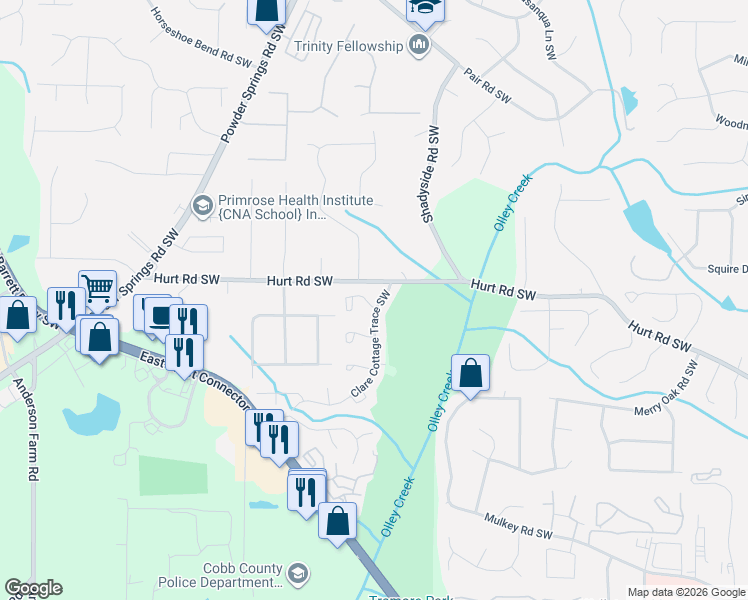 map of restaurants, bars, coffee shops, grocery stores, and more near 3460 Clare Cottage Trace Southwest in Marietta