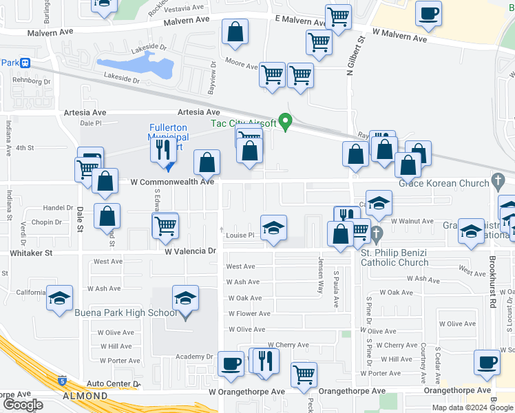 map of restaurants, bars, coffee shops, grocery stores, and more near 137 South Pritchard Avenue in Fullerton