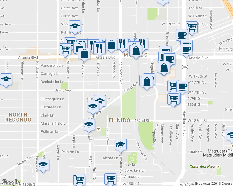 map of restaurants, bars, coffee shops, grocery stores, and more near 1504 Perkins Lane in Redondo Beach