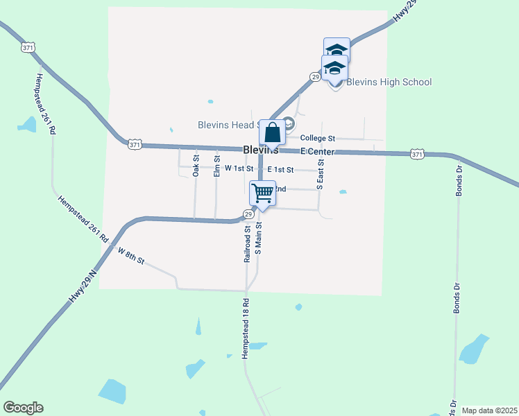 map of restaurants, bars, coffee shops, grocery stores, and more near 101 South East Street in Blevins