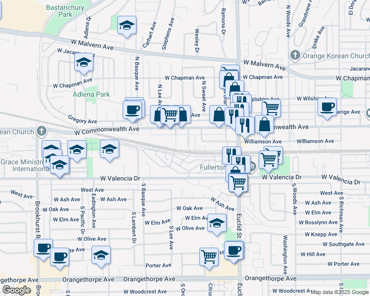 map of restaurants, bars, coffee shops, grocery stores, and more near 139 South Citrus Avenue in Fullerton