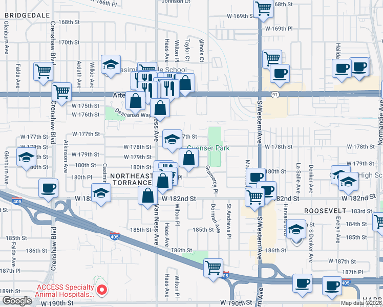 map of restaurants, bars, coffee shops, grocery stores, and more near 17825 Wilton Place in Torrance