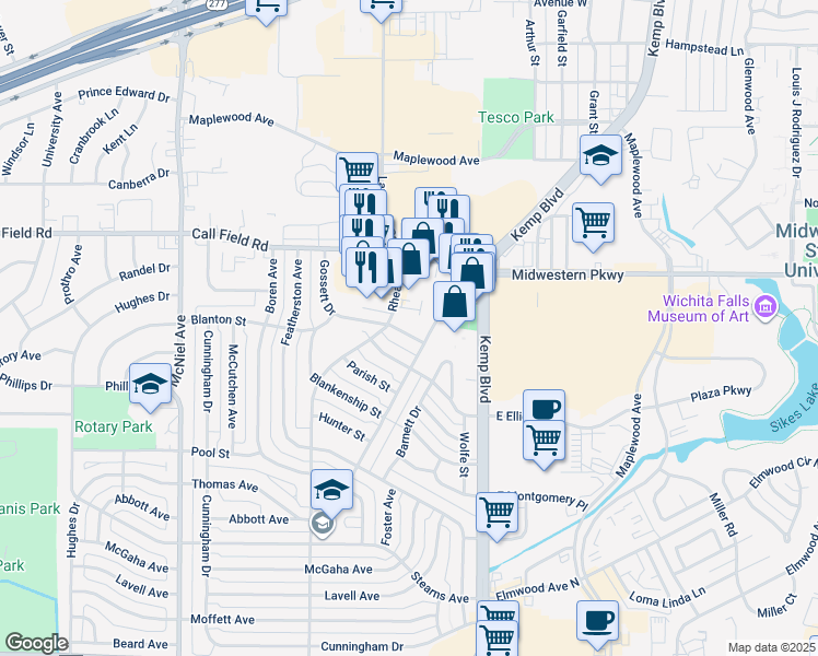 map of restaurants, bars, coffee shops, grocery stores, and more near 2949 Gossett Drive in Wichita Falls