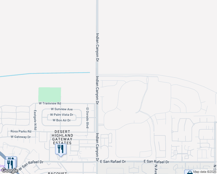 map of restaurants, bars, coffee shops, grocery stores, and more near 247 Mustang Lane in Palm Springs