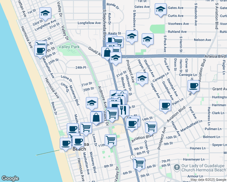 map of restaurants, bars, coffee shops, grocery stores, and more near 1837 Pacific Coast Highway in Hermosa Beach