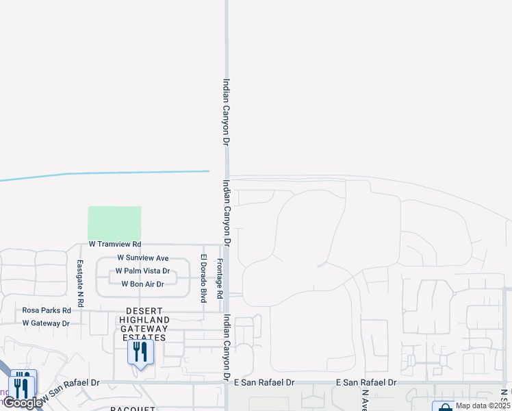 map of restaurants, bars, coffee shops, grocery stores, and more near 265 Mustang Lane in Palm Springs