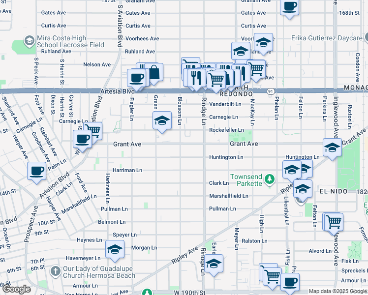 map of restaurants, bars, coffee shops, grocery stores, and more near 2104 Grant Avenue in Redondo Beach