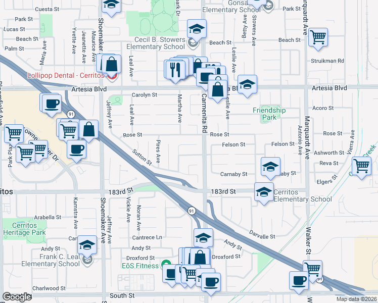 map of restaurants, bars, coffee shops, grocery stores, and more near 13325 Ashworth Street in Cerritos