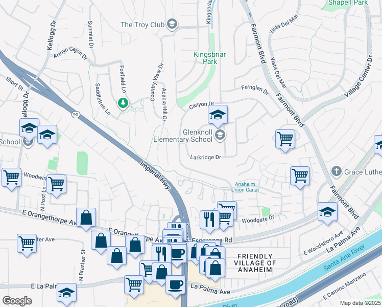 map of restaurants, bars, coffee shops, grocery stores, and more near 19611 Larkridge Drive in Yorba Linda