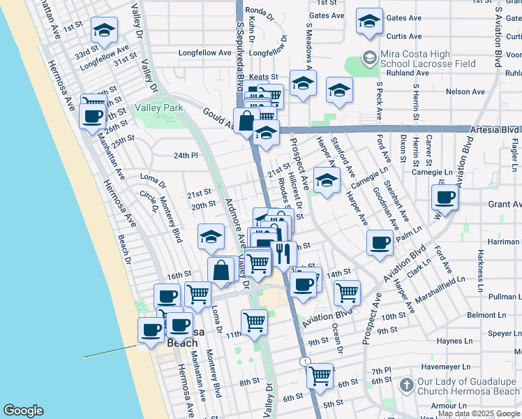 map of restaurants, bars, coffee shops, grocery stores, and more near 1837 Pacific Coast Highway in Hermosa Beach