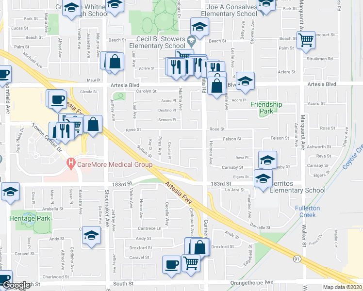 map of restaurants, bars, coffee shops, grocery stores, and more near 13303 Ashworth Street in Cerritos