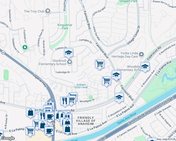 map of restaurants, bars, coffee shops, grocery stores, and more near 19964 Ridge Manor Way in Yorba Linda