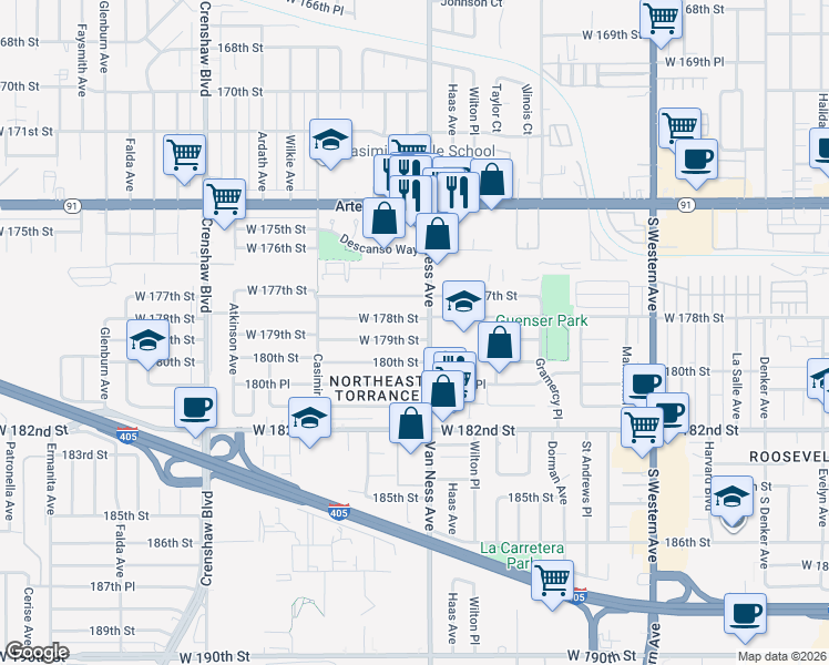 map of restaurants, bars, coffee shops, grocery stores, and more near 2209 West 179th Street in Torrance