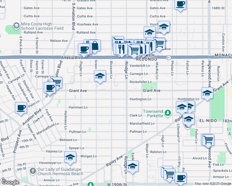 map of restaurants, bars, coffee shops, grocery stores, and more near 2106 Grant Avenue in Redondo Beach