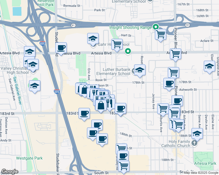 map of restaurants, bars, coffee shops, grocery stores, and more near 11328 Felson Street in Cerritos