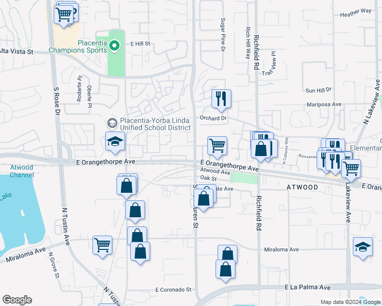 map of restaurants, bars, coffee shops, grocery stores, and more near 339 South Van Buren Street in Placentia