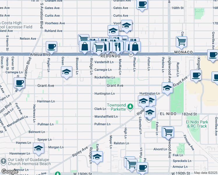 map of restaurants, bars, coffee shops, grocery stores, and more near 2304 Grant Avenue in Redondo Beach
