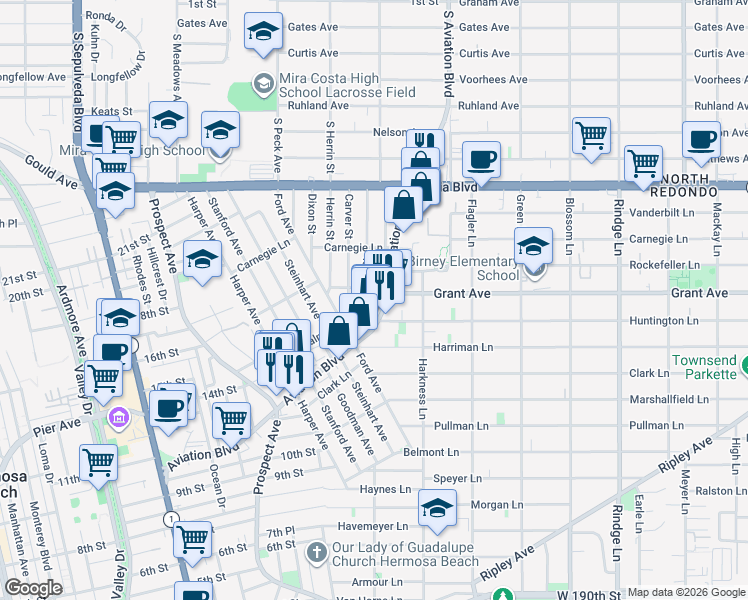 map of restaurants, bars, coffee shops, grocery stores, and more near 1536 Wollacott Street in Redondo Beach