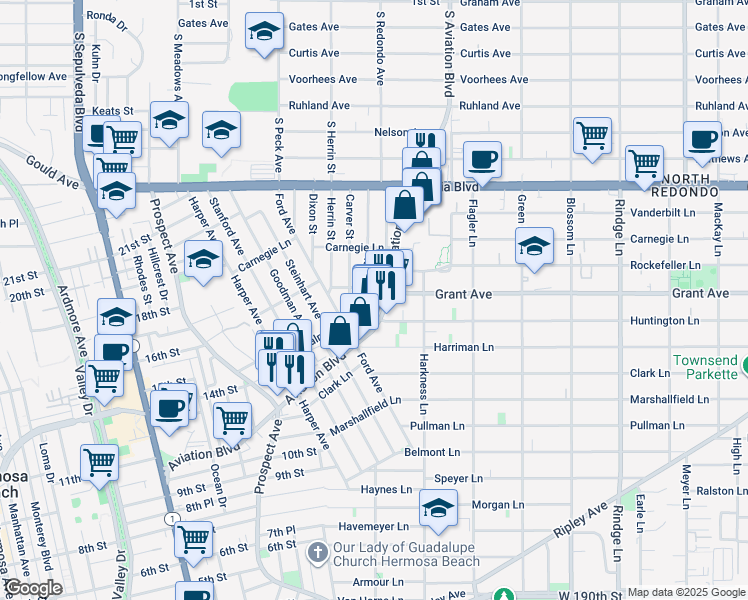 map of restaurants, bars, coffee shops, grocery stores, and more near 1525 Aviation Boulevard in Redondo Beach