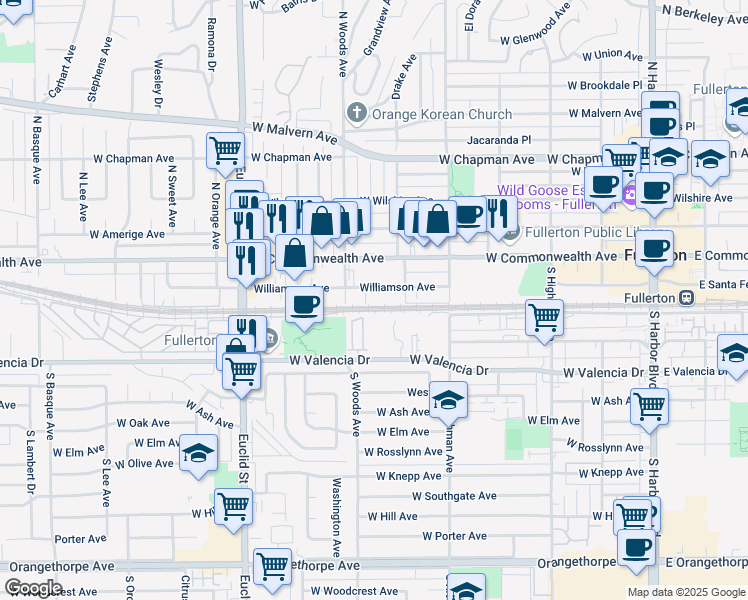 map of restaurants, bars, coffee shops, grocery stores, and more near 628 Williamson Avenue in Fullerton
