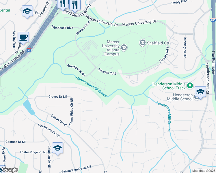 map of restaurants, bars, coffee shops, grocery stores, and more near 2990 Brandywine Road in Atlanta