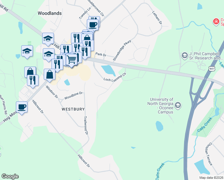map of restaurants, bars, coffee shops, grocery stores, and more near 1061 Limmerick Drive in Watkinsville