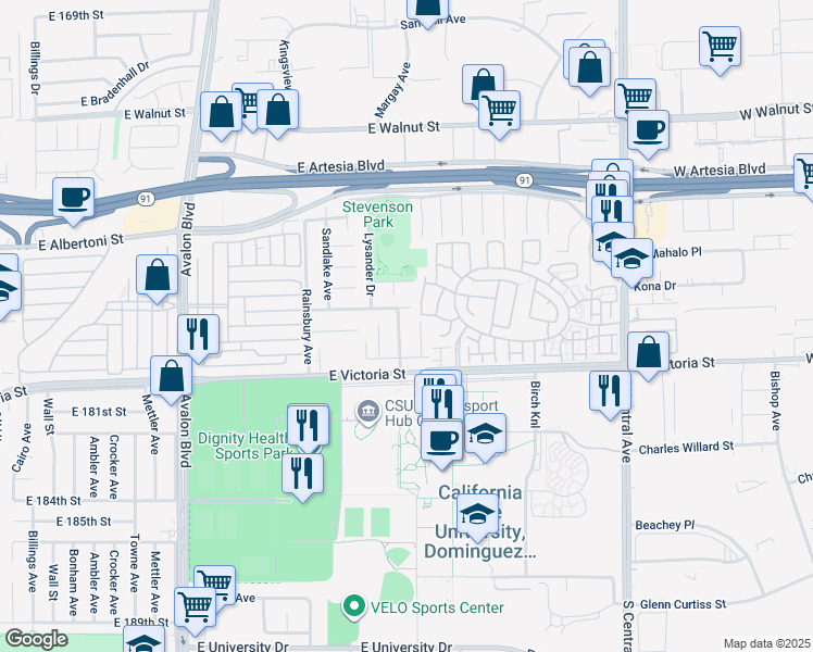 map of restaurants, bars, coffee shops, grocery stores, and more near 17819 Mackeson Court in Carson