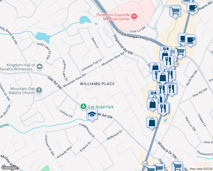 map of restaurants, bars, coffee shops, grocery stores, and more near 2450 Williams Downs Circle Southwest in Snellville