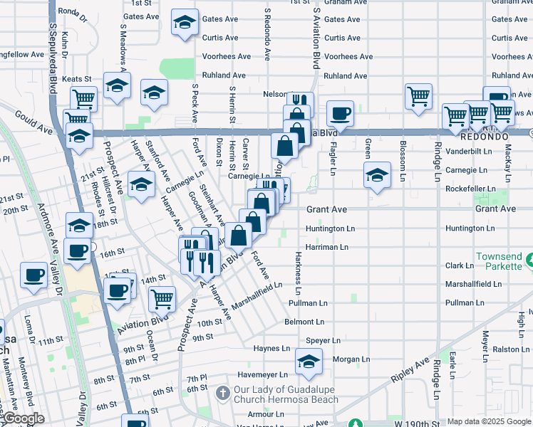 map of restaurants, bars, coffee shops, grocery stores, and more near 1525 Aviation Boulevard in Redondo Beach