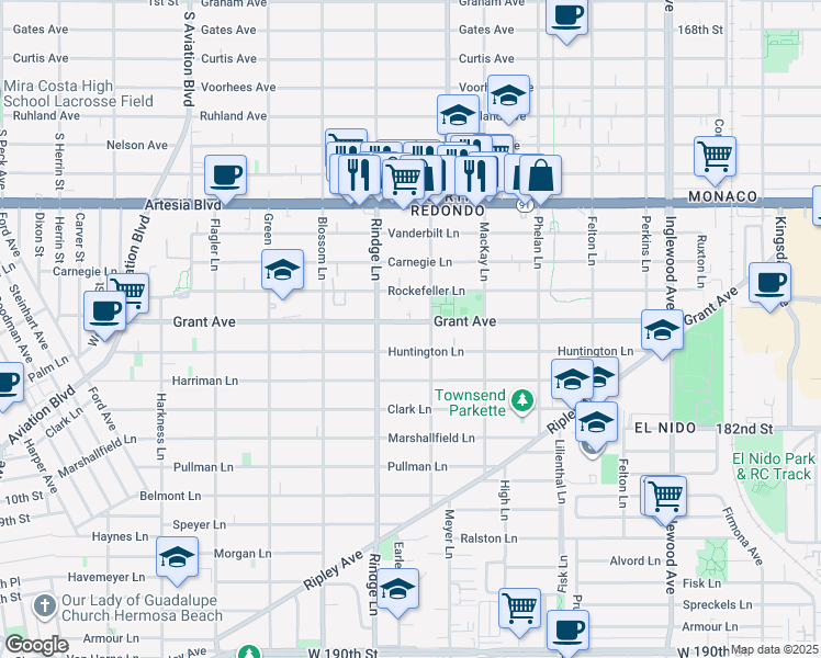 map of restaurants, bars, coffee shops, grocery stores, and more near 2214 Grant Avenue in Redondo Beach