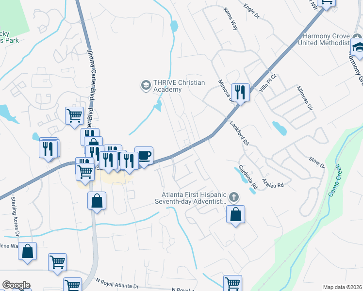 map of restaurants, bars, coffee shops, grocery stores, and more near 6150 Winfield Court in Tucker