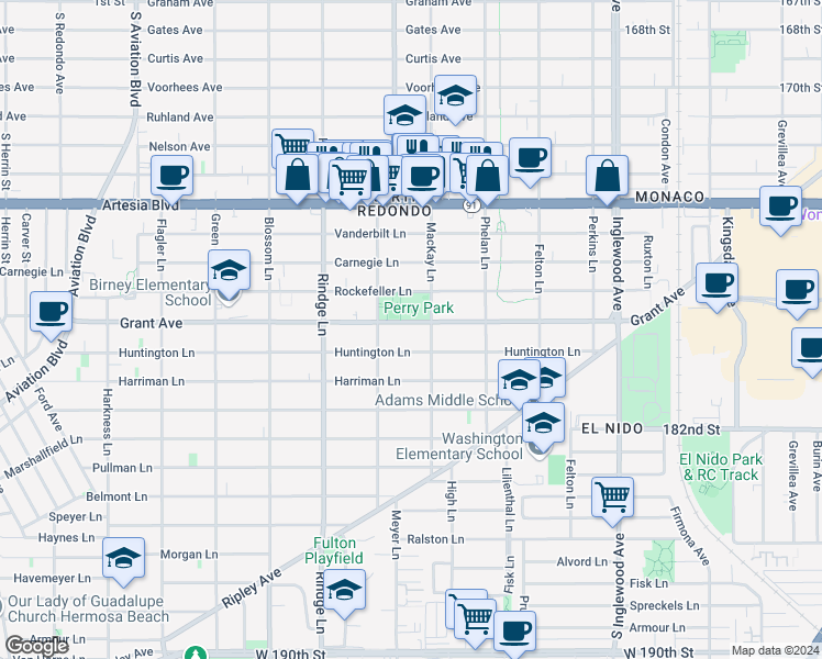 map of restaurants, bars, coffee shops, grocery stores, and more near in Redondo Beach