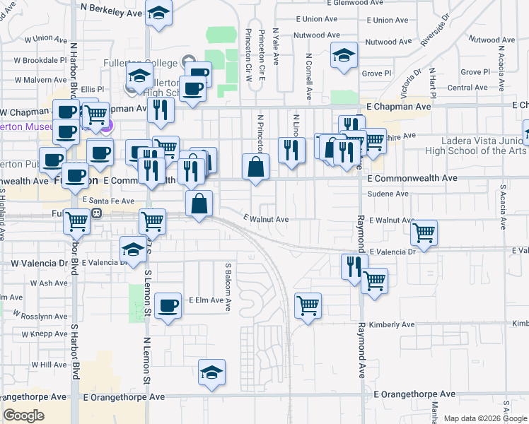 map of restaurants, bars, coffee shops, grocery stores, and more near 142 South Princeton Avenue in Fullerton