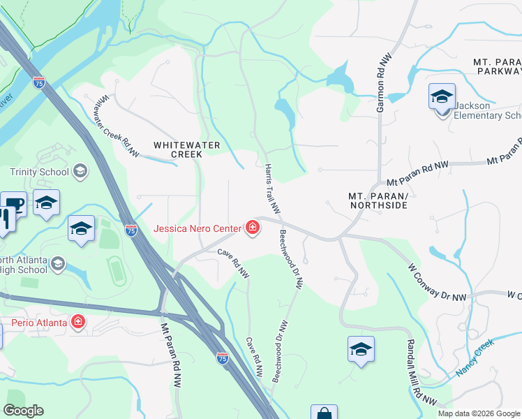 map of restaurants, bars, coffee shops, grocery stores, and more near 4150 Harris Trail Northwest in Atlanta