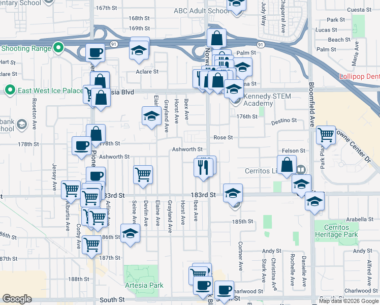 map of restaurants, bars, coffee shops, grocery stores, and more near 12118 Ashworth Street in Artesia